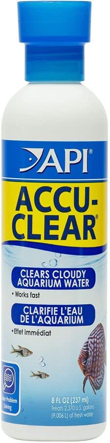 API Accu-Clear 8 oz bottle in a clear tank showing enhanced water clarity.