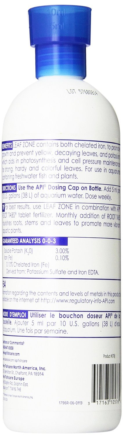 API Leaf Zone bottle cap close-up illustrating dosing for healthy leaves