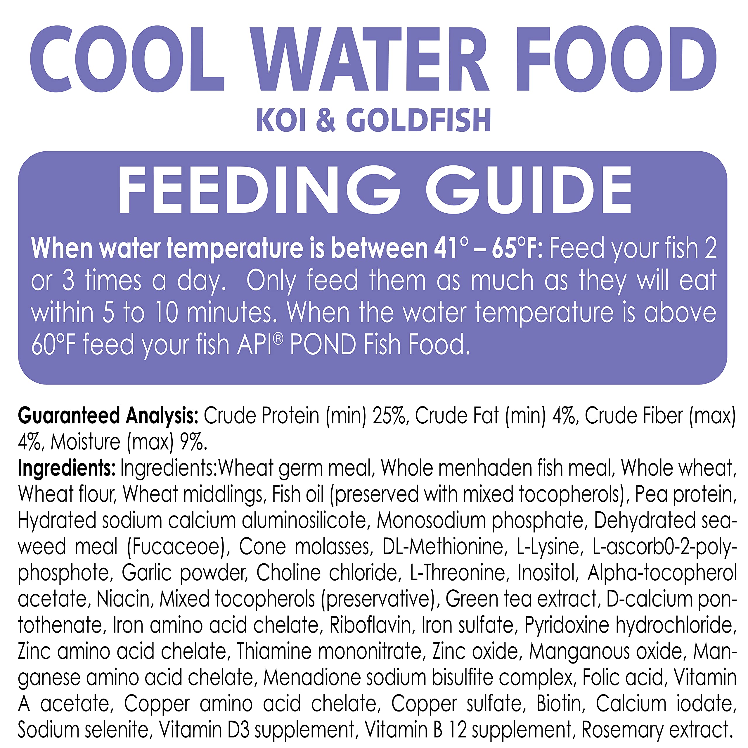 API POND COOL WATER FOOD bag beside pond edge conveys easy-to-use pond nutrition.