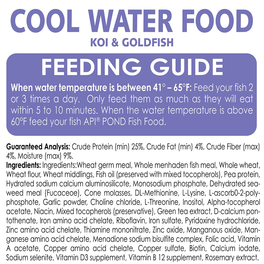 API POND COOL WATER FOOD bag beside pond edge conveys easy-to-use pond nutrition.