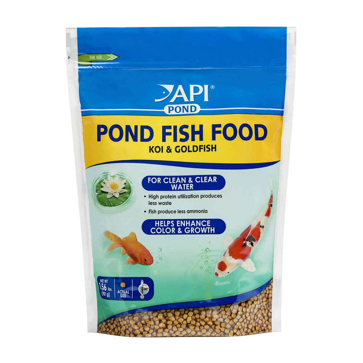 API POND FISH FOOD pellets close-up showing high-protein formula for clear water.