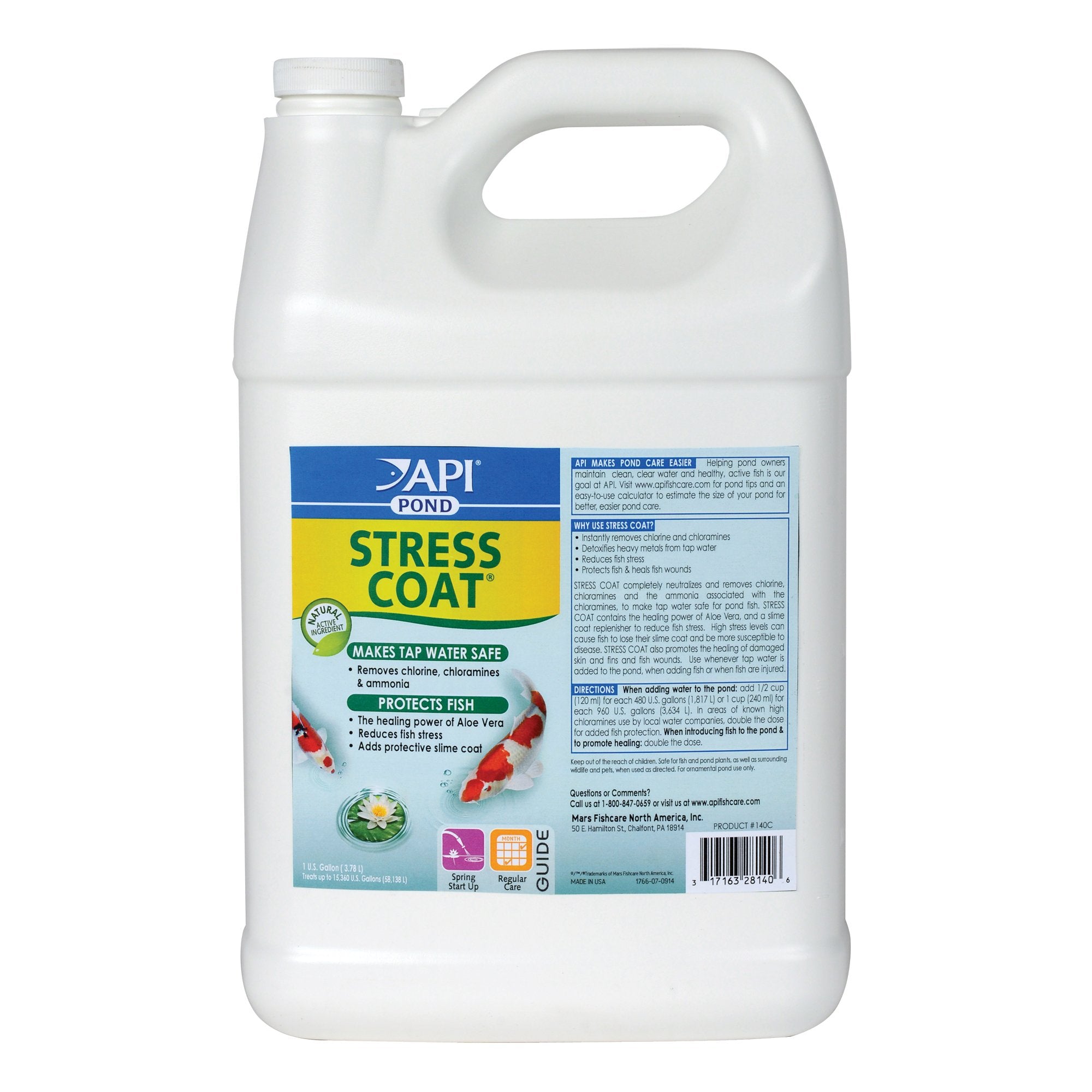 API Pond Stress Coat bottle pour showing rapid dechlorination and Aloe Vera protection.