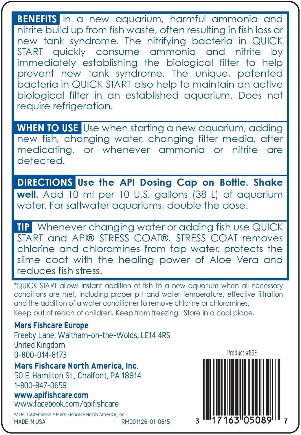 API Quick Start bottle label highlights nitrifying bacteria for a new tank.