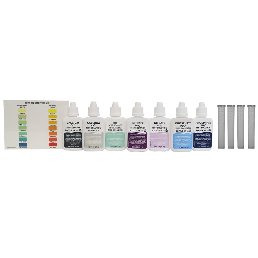 API Reef Master test tubes ready for precise calcium, KH, phosphate, and nitrate checks