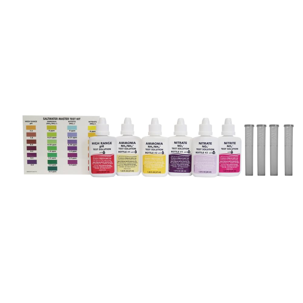 API Saltwater Master Test Kit test tubes arranged for precise readings in saltwater tanks