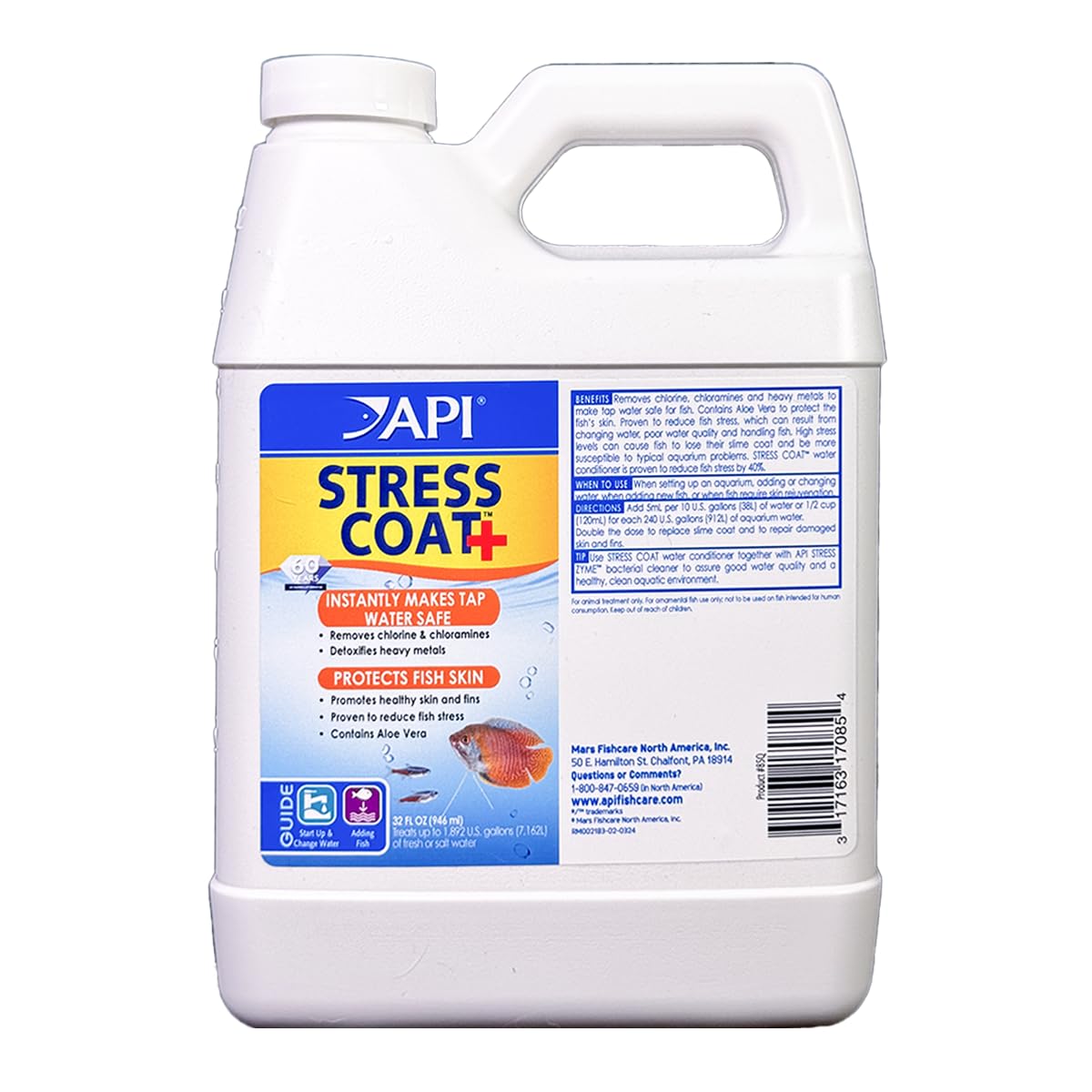 API STRESS COAT 32oz bottle front view supports safer aquarium water.