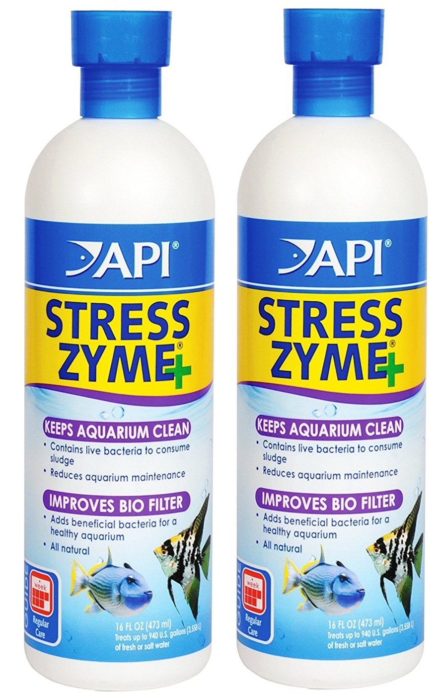 API Stress Zyme 2-pack bottle for freshwater and saltwater aquariums promoting clean gravel and healthy biofilter.