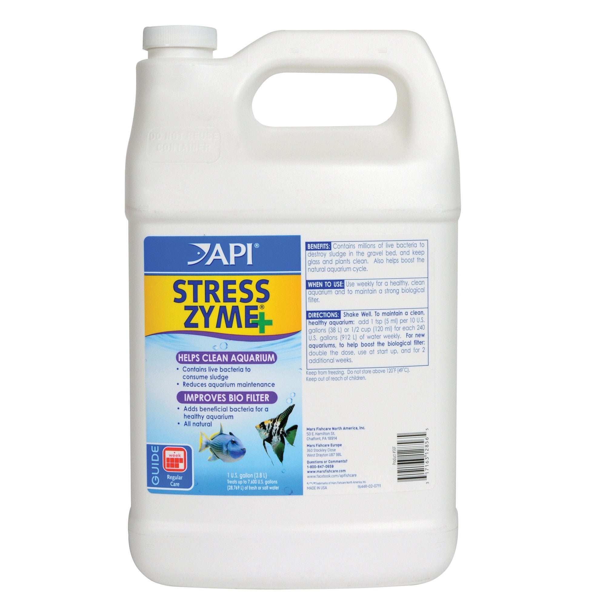 API Stress Zyme bottle 1-gallon boosts beneficial bacteria for balanced freshwater and saltwater tanks.