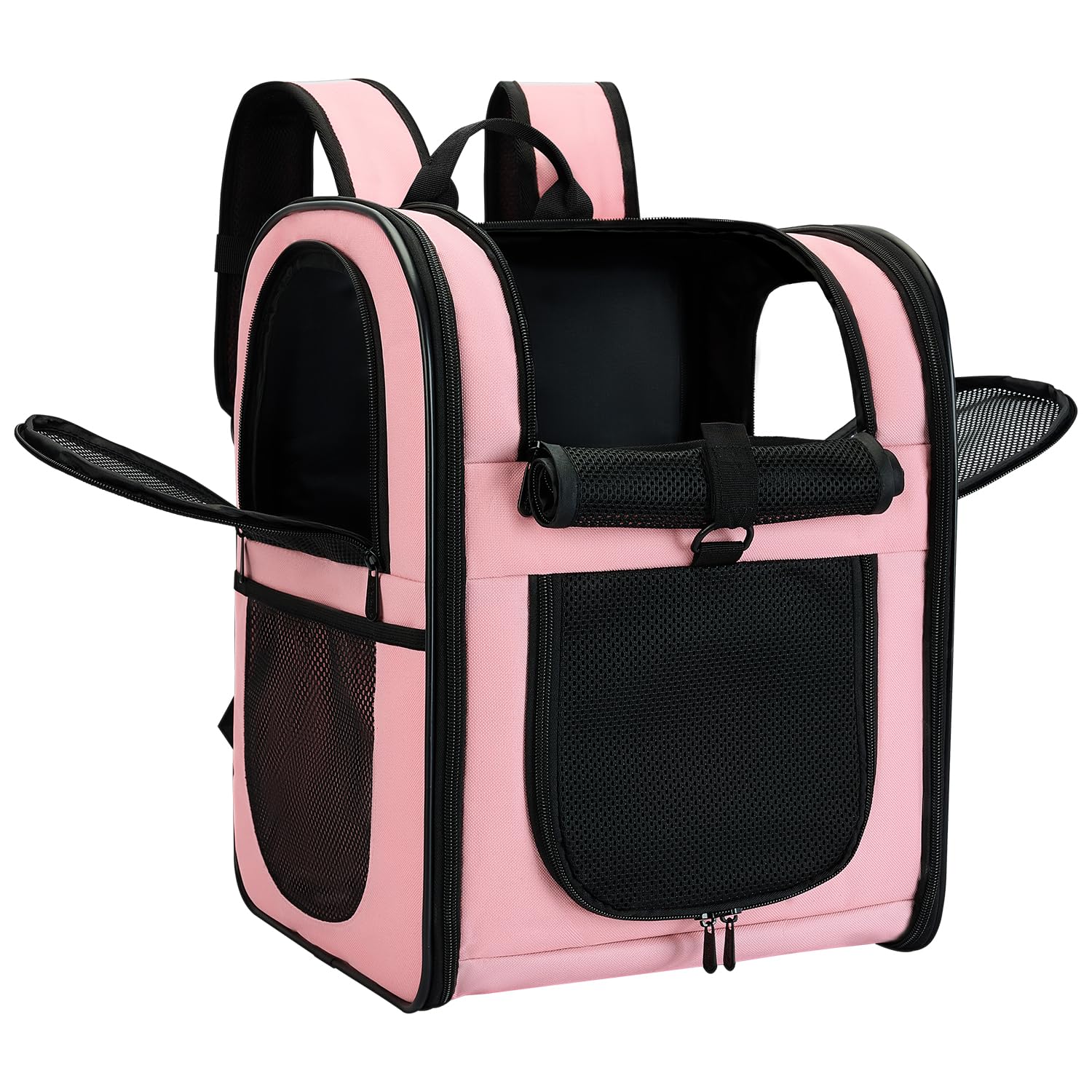 Apollo Walker carrier backpack front view in pink, secure fit for small pets on hikes.