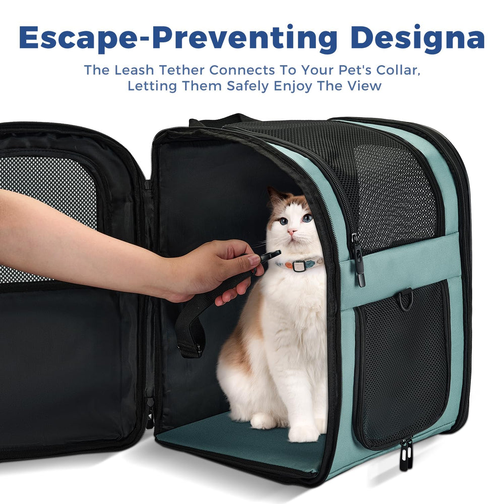 Expandable side pockets store bowls, treats, and bags for convenient outings