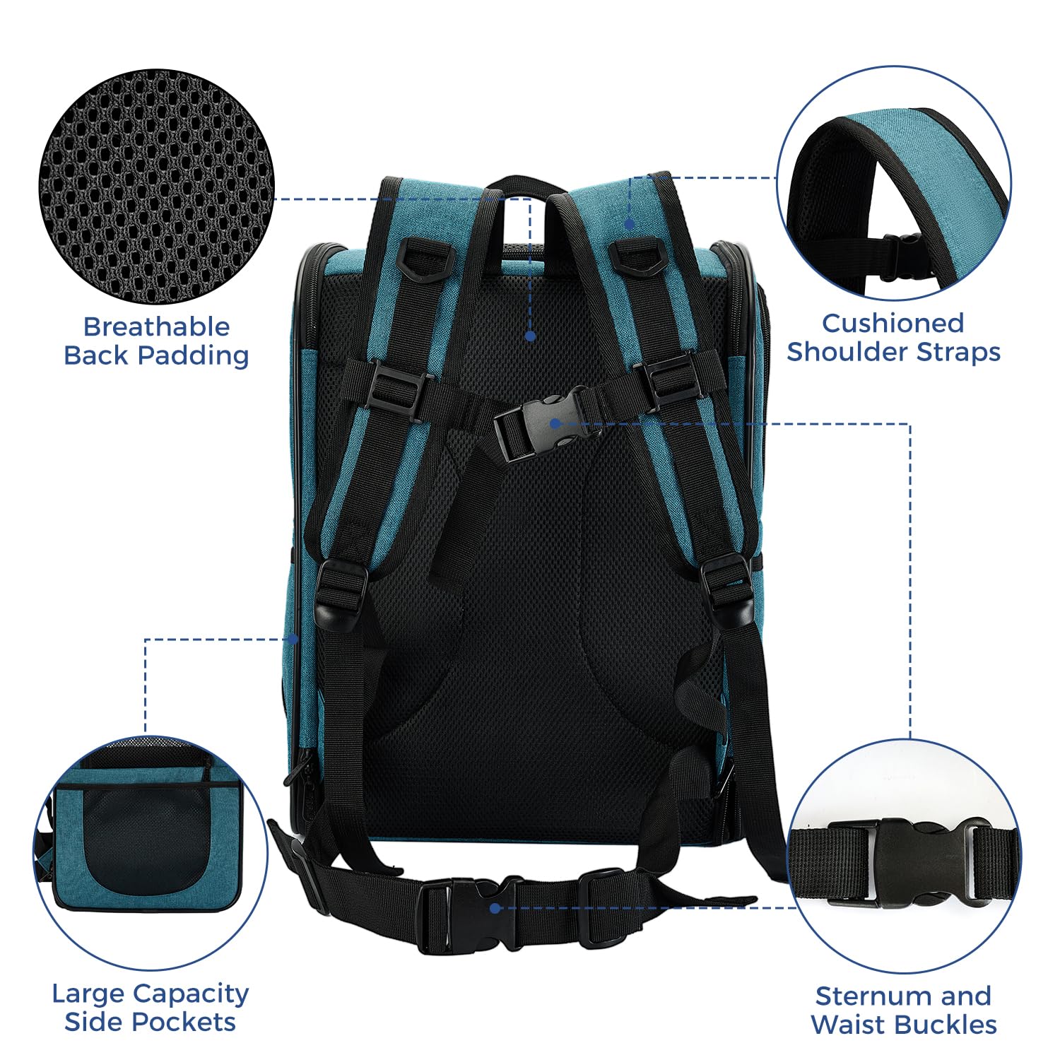 Removable pad on Apollo Walker teal carrier for quick cleanup after outdoor trips.