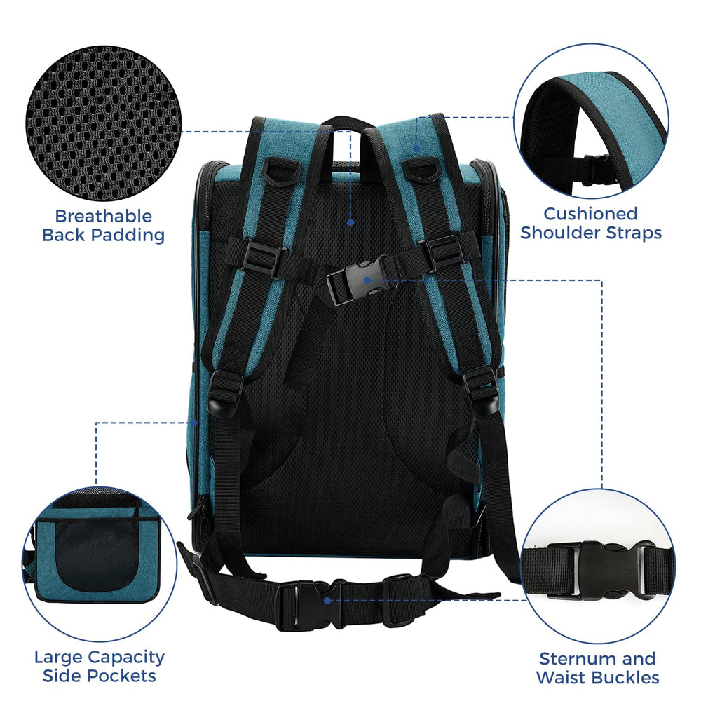 Removable pad on Apollo Walker teal carrier for quick cleanup after outdoor trips.