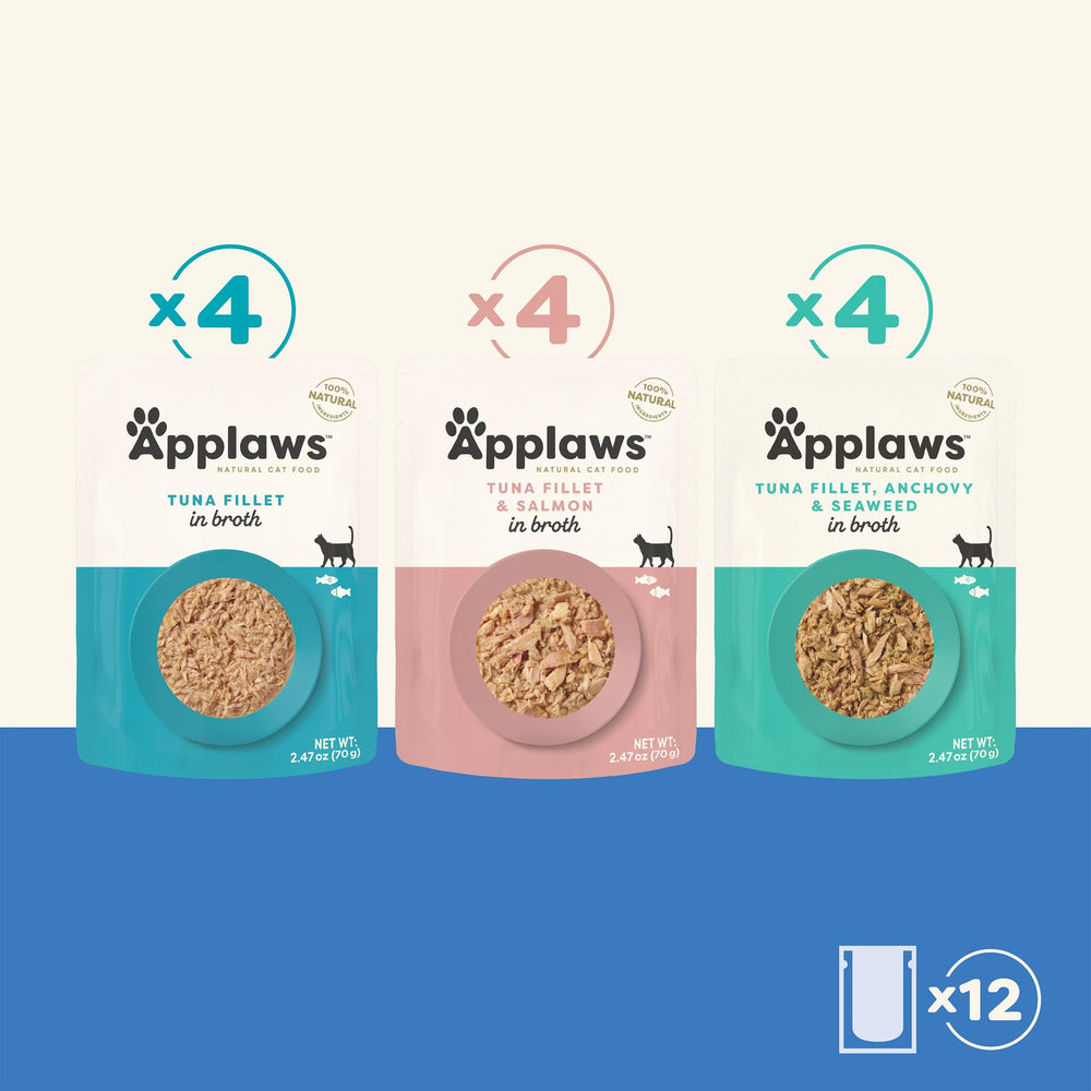 Applaws 12-pack pouches image emphasizes convenient, portion-controlled feeding.