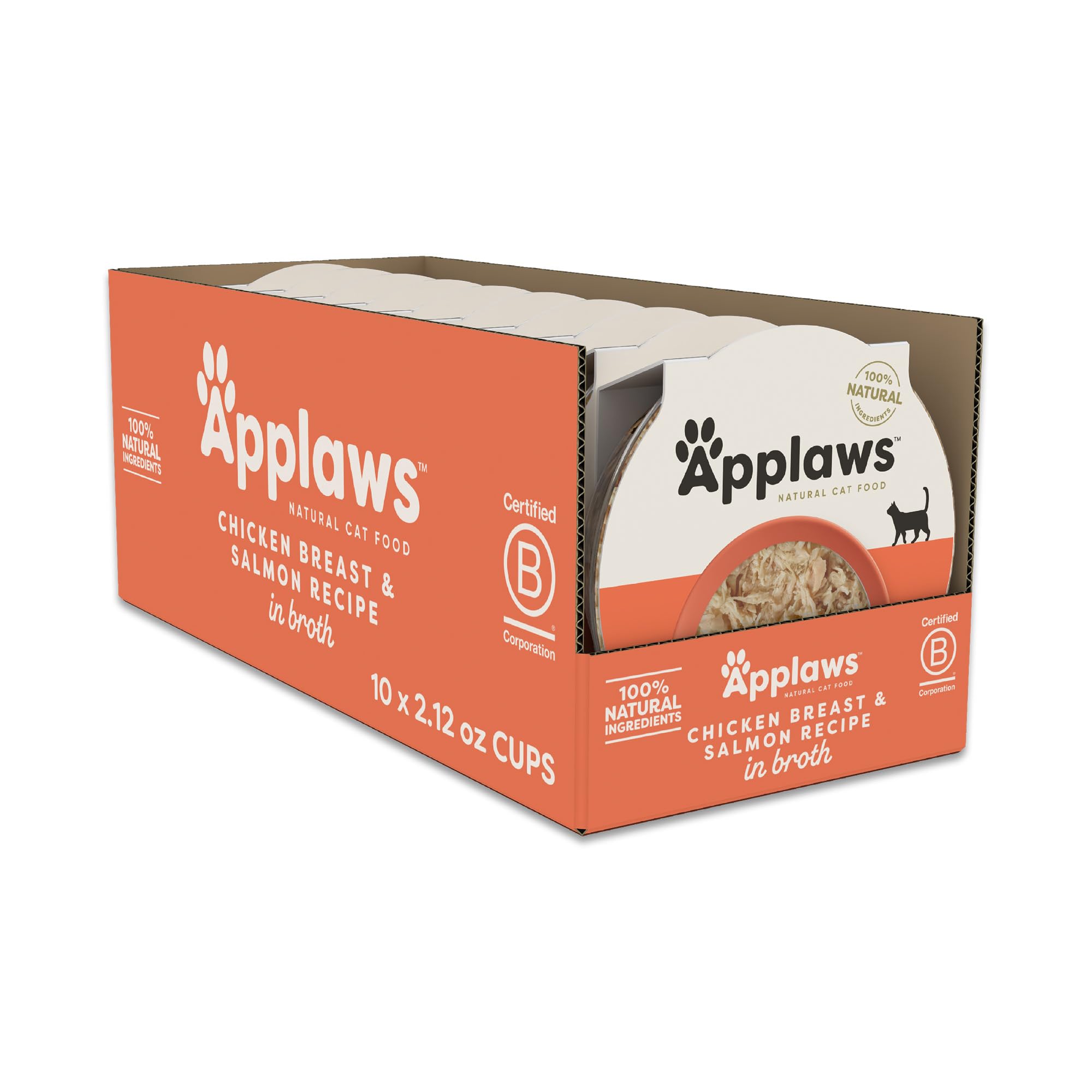 Applaws chicken breast and salmon in broth cups for natural protein-rich meals.