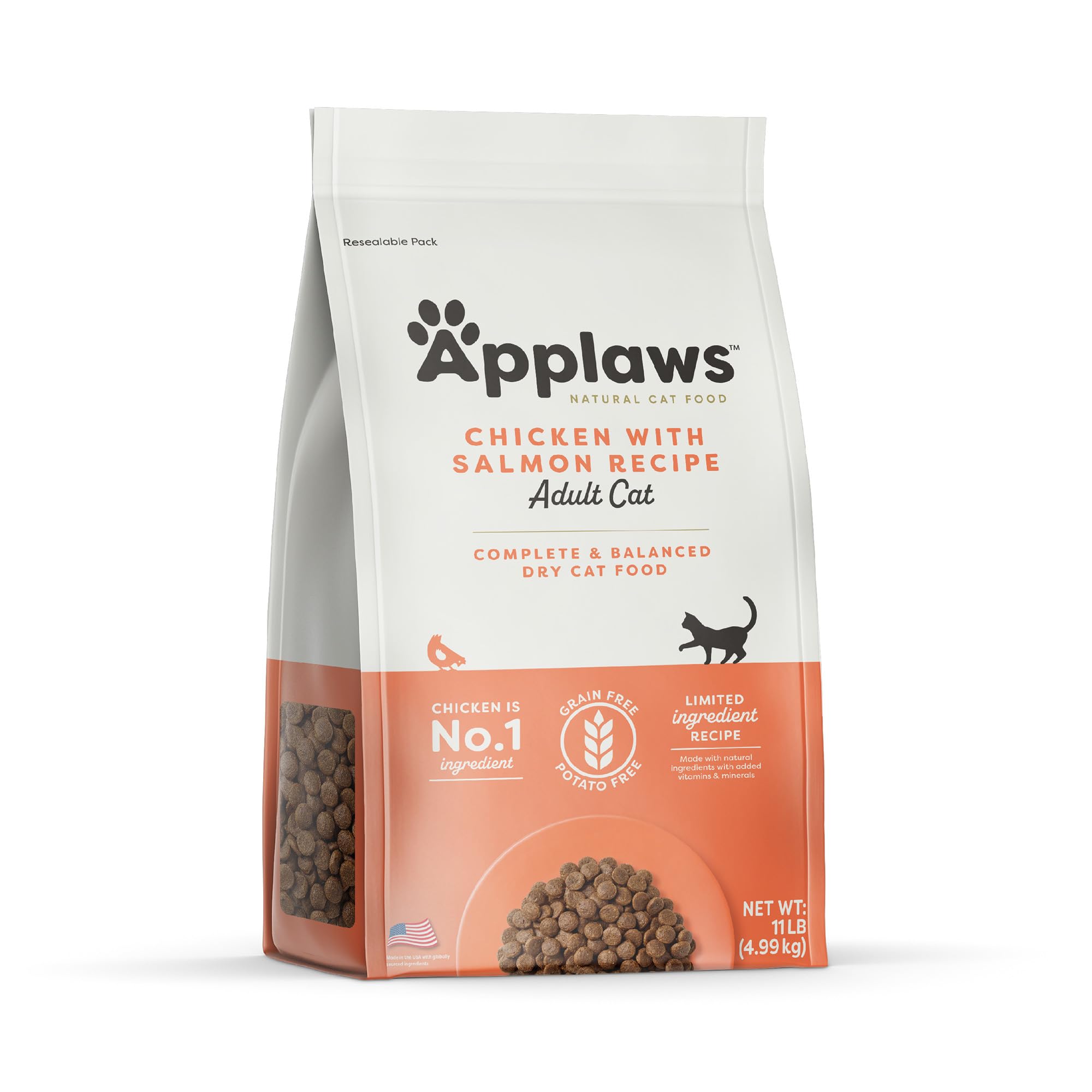 Applaws complete dry cat food bag showcases grain-free formula for digestion.