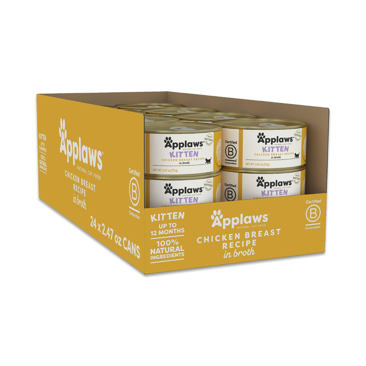 Applaws kitten wet food broth can closeup showing natural ingredients and protein-rich formula