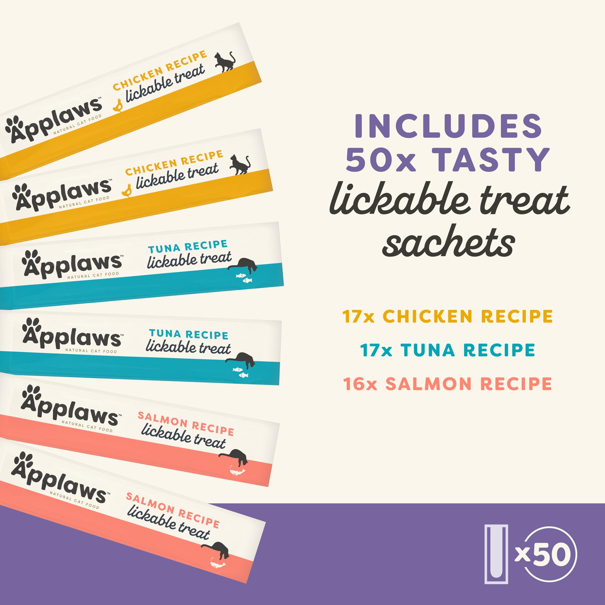 Applaws Lickable Cat Treats variety pack sachets showcasing multiple flavors for mealtime variety