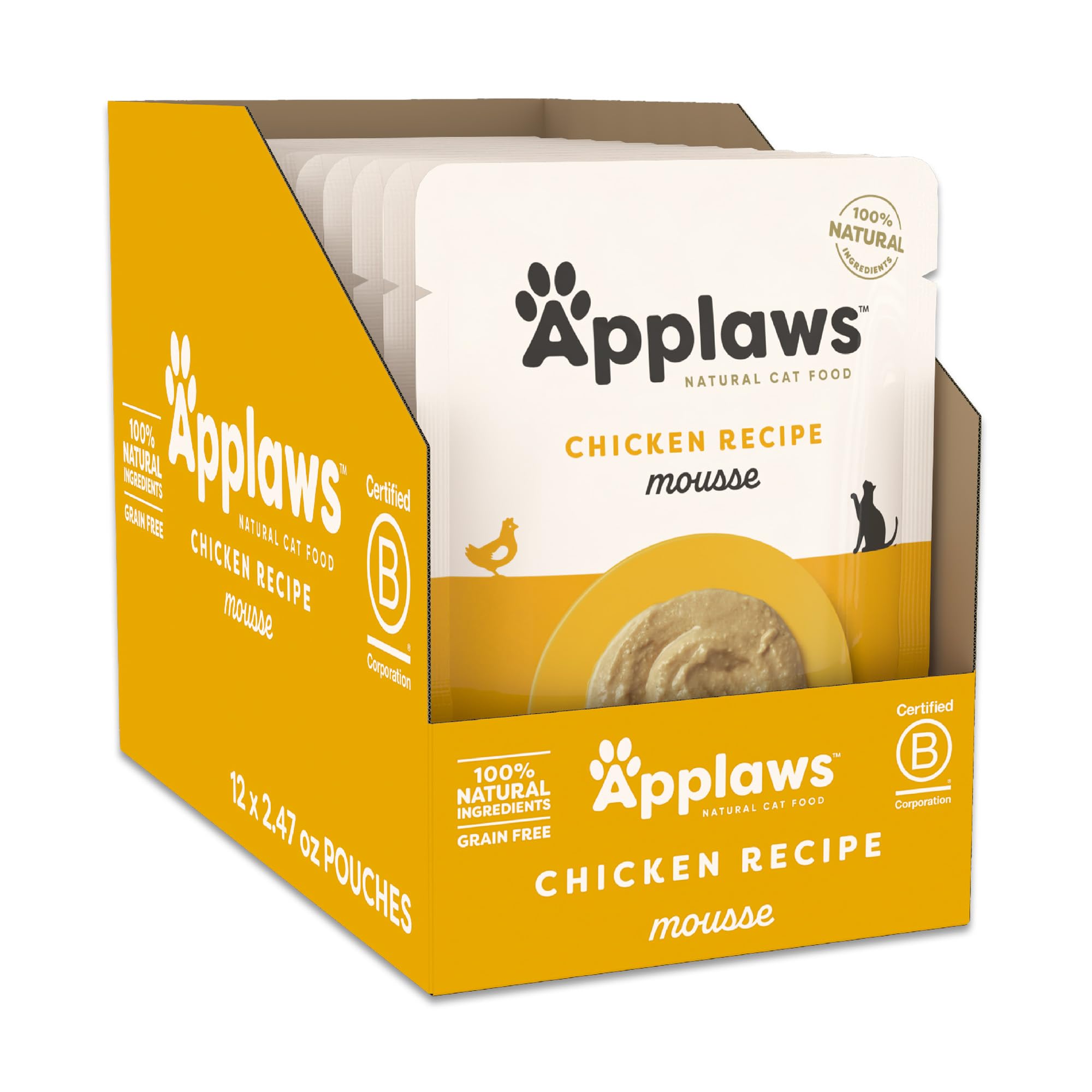 Applaws mousse chicken wet cat food 12-pack packaging shows premium protein option.
