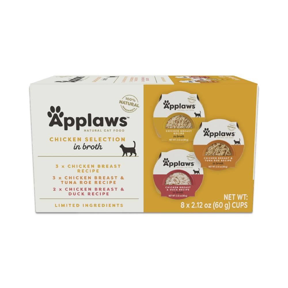 Applaws natural wet cat food eight-count broth pots with chicken variety for meals.