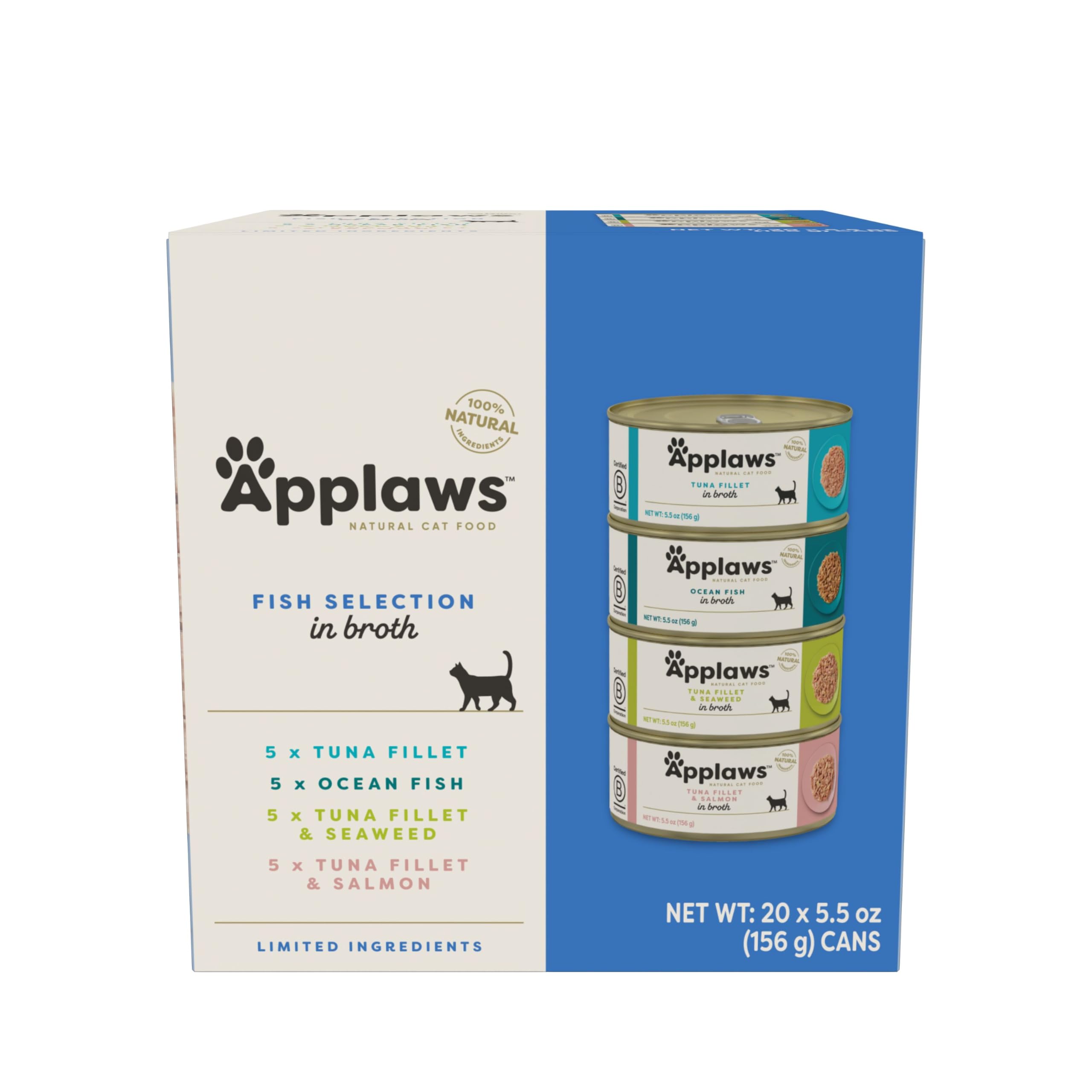 Applaws natural wet cat food in broth can front shows premium ingredients and flavor appeal.