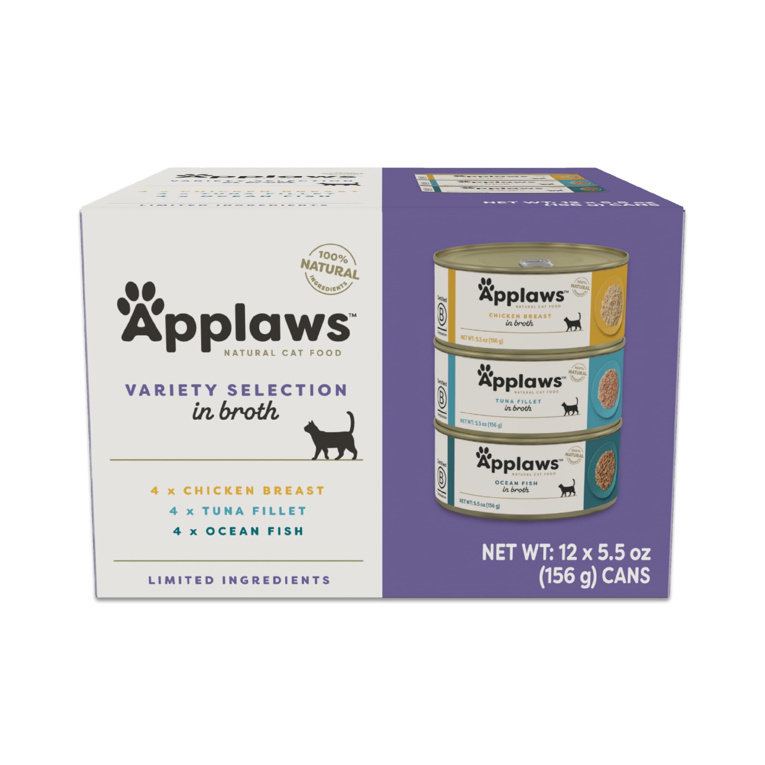 Applaws natural wet cat food in broth variety pack with 12 cans for diverse meals.