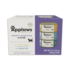 Applaws natural wet cat food in broth variety pack with 12 cans for diverse meals.