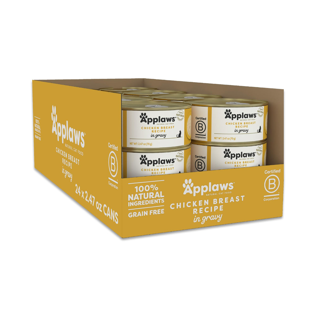 Applaws Natural Wet Cat Food can image with chicken in gravy highlighting high-protein meal.