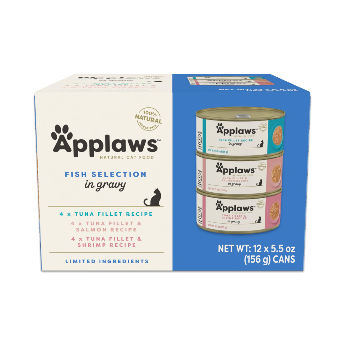 Applaws natural wet cat food in gravy tuna fillet recipe cans highlight protein-packed meals