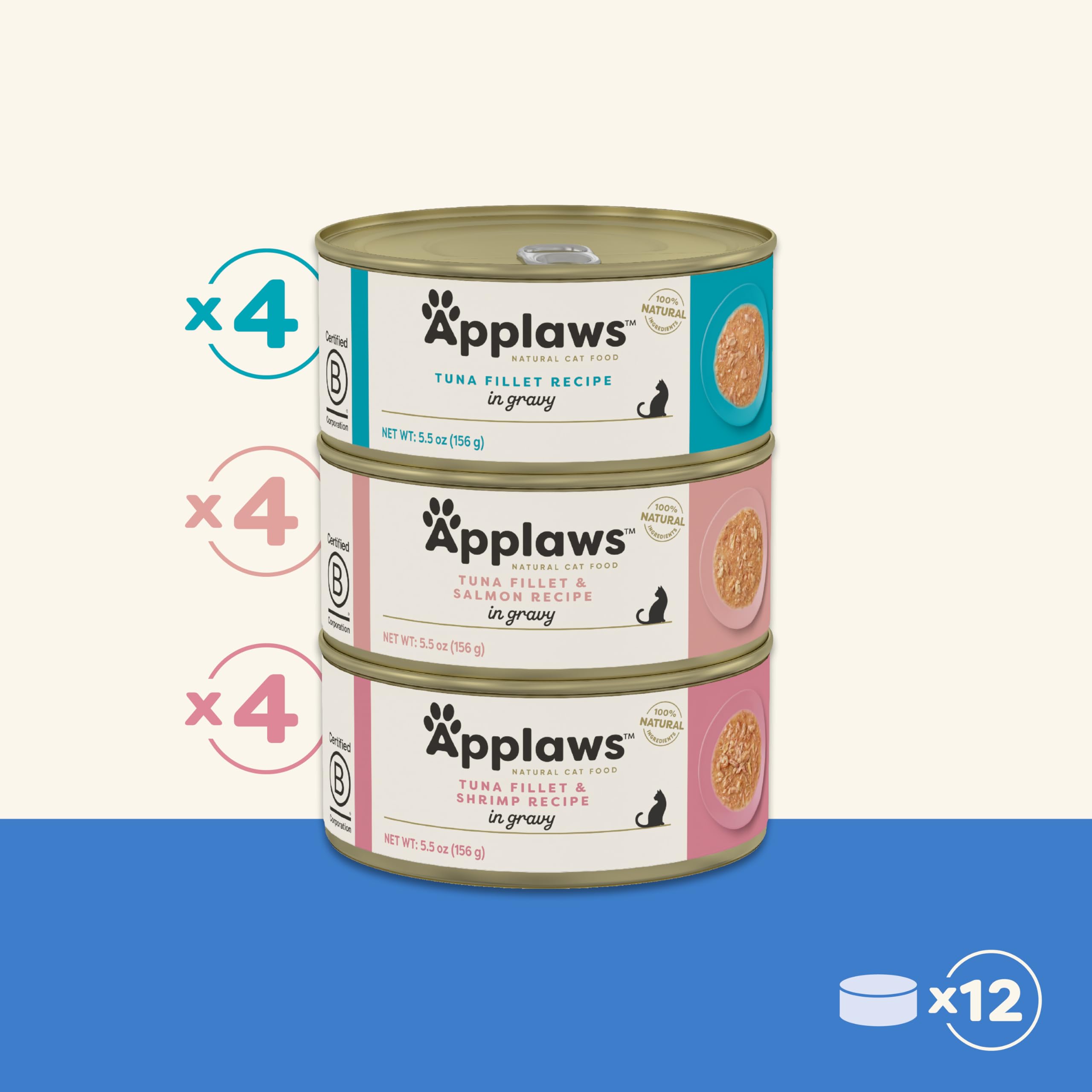 Applaws tuna fillet with shrimp recipe cans presented for variety and hydration
