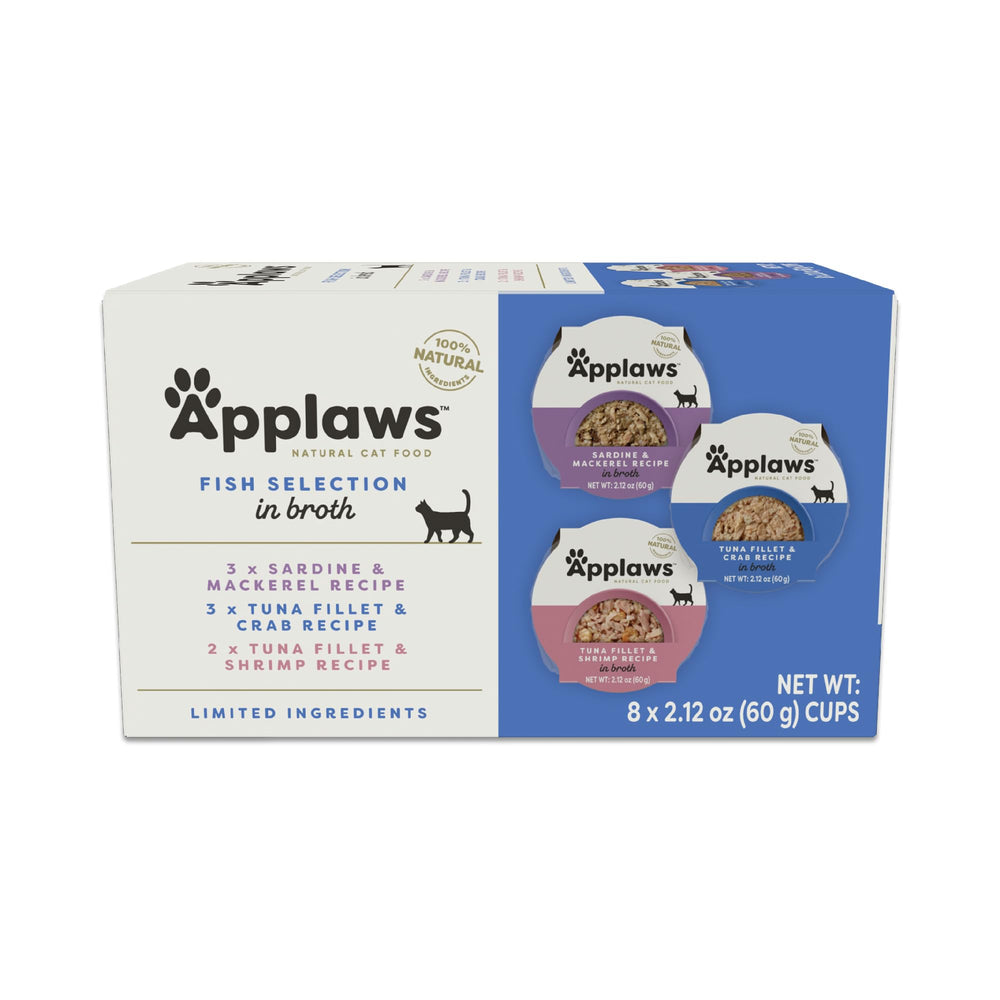 Applaws natural wet cat food pot with fish in broth for protein-rich meals.