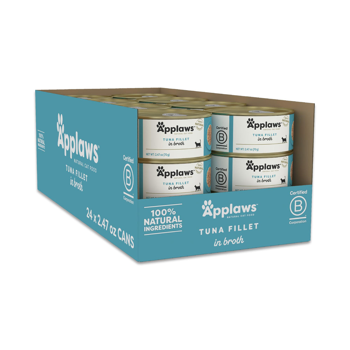 Applaws tuna fillet in broth cat food, convenient 24-pack for protein-rich meals.