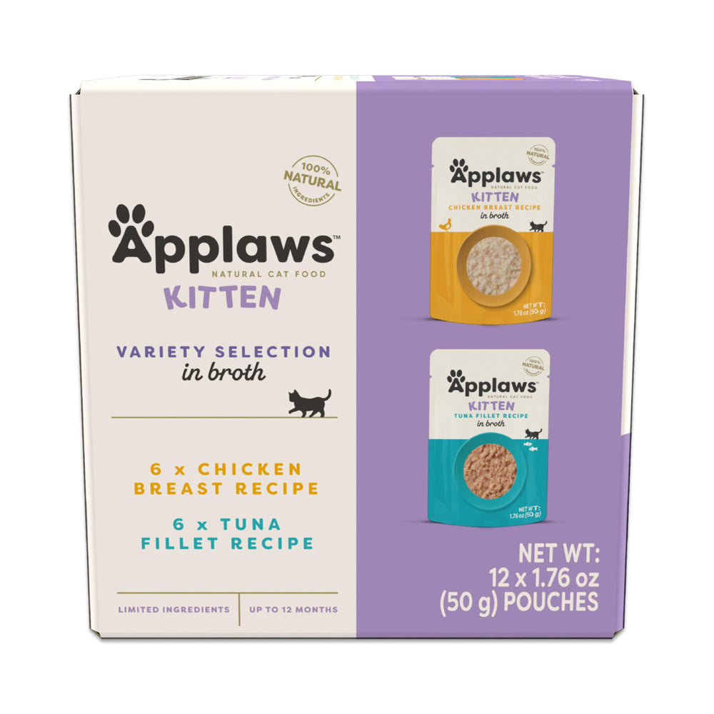 Applaws natural wet kitten food in broth pouch with high protein support.