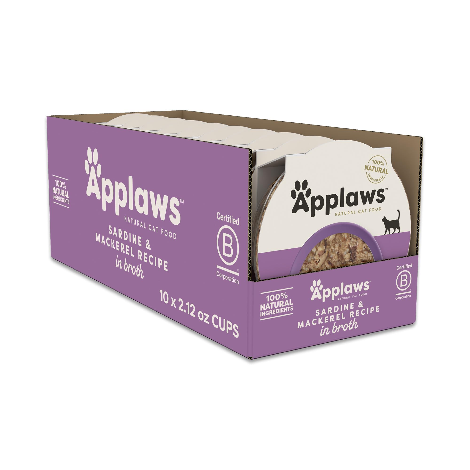 Applaws Sardine & Mackerel in Broth cups, protein-rich meal options for happy cats.