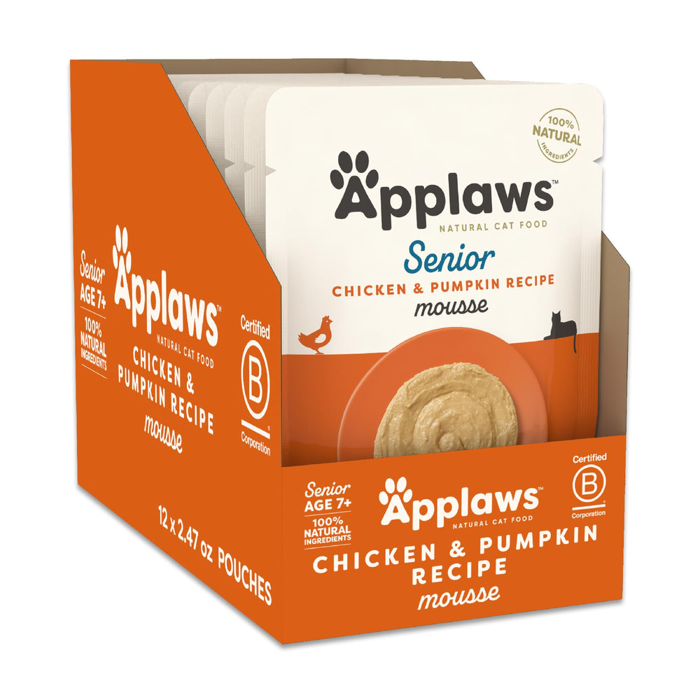 Applaws Senior natural wet cat food mousse with chicken and pumpkin for flavorful meals.