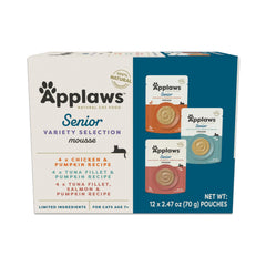 Applaws Senior mousse packaging highlights natural ingredients for balanced meals.