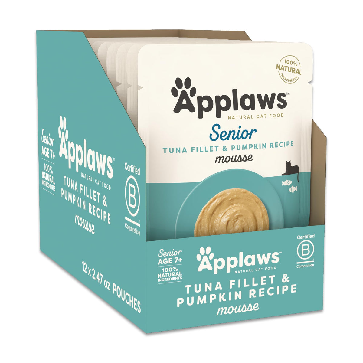 Applaws Senior wet cat mousse with tuna and pumpkin supports hydration and flavor.