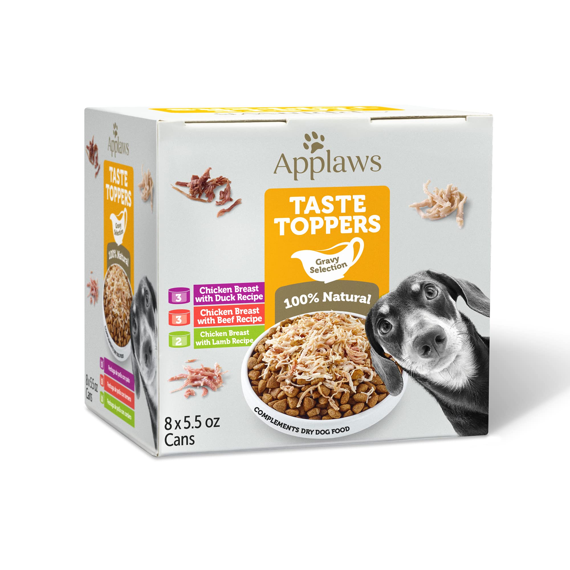 Applaws Taste Toppers cans pack shows a grain-free meal option with variety.
