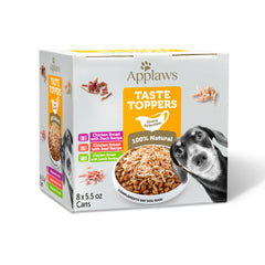 Applaws Taste Toppers cans pack shows a grain-free meal option with variety.
