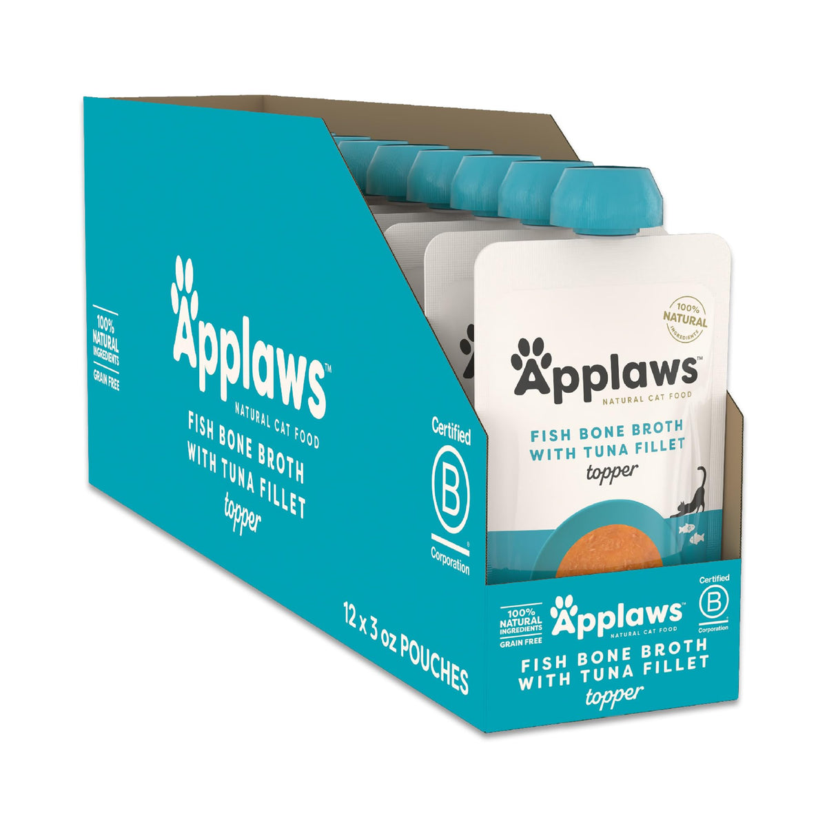 Applaws tuna fillet bone broth topper in a resealable pouch boosts hydration and protein.