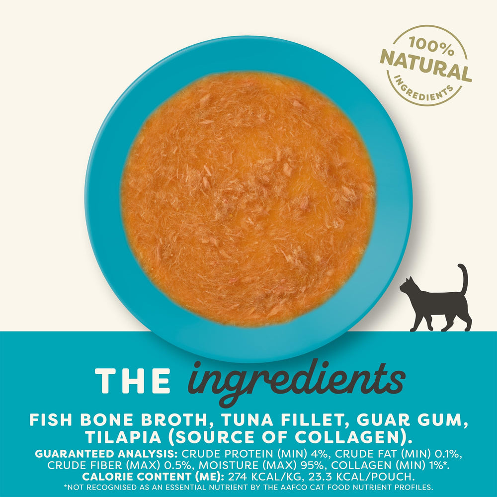 Applaws tuna fillet bone broth topper poured over dry cat food to tempt picky eaters.