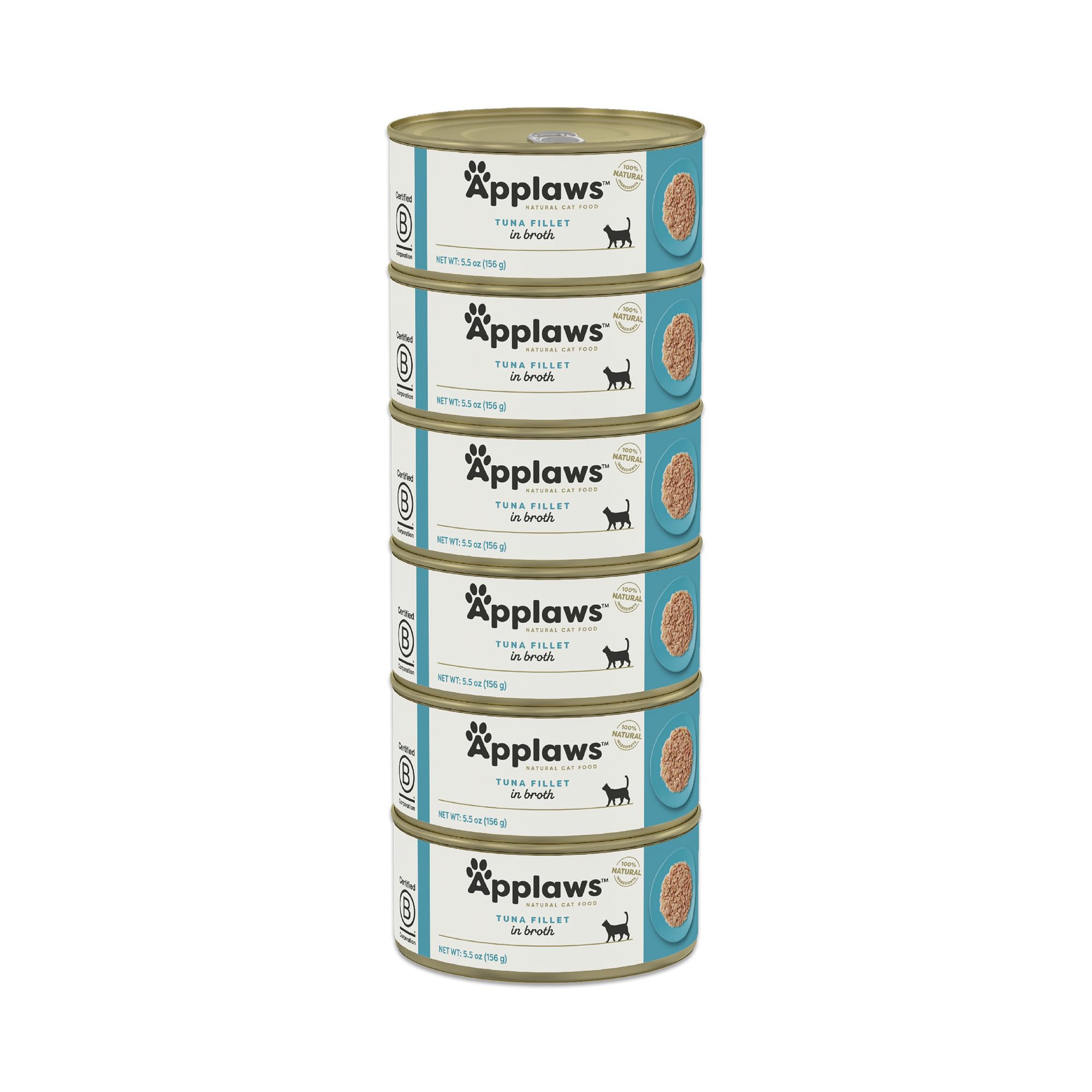 Applaws tuna fillet in broth can label highlighting natural ingredients for cats.