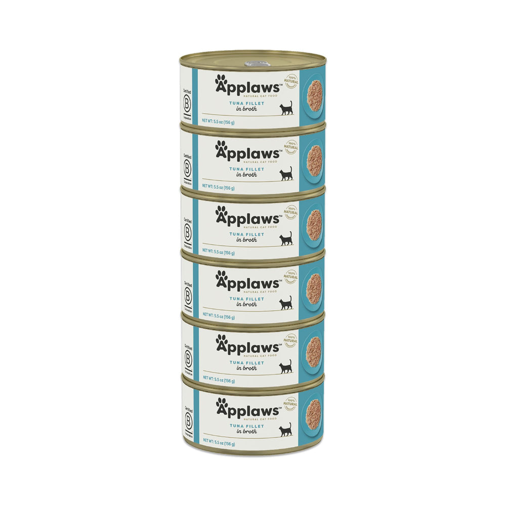 Applaws tuna fillet in broth can label highlighting natural ingredients for cats.
