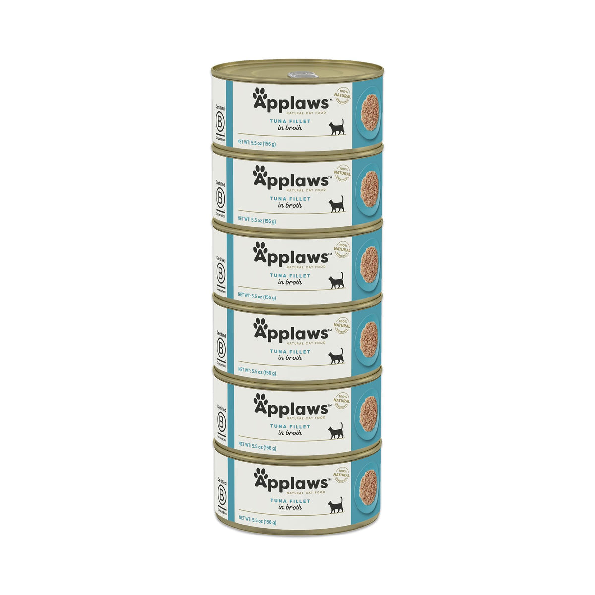 Applaws tuna fillet in broth can label highlighting natural ingredients for cats.