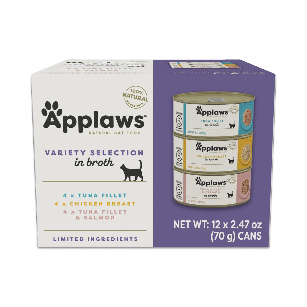 Applaws tuna fillet can in broth showing natural, high-protein cat food