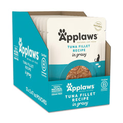 Applaws tuna fillet in gravy pouch shows protein-rich cat meal.