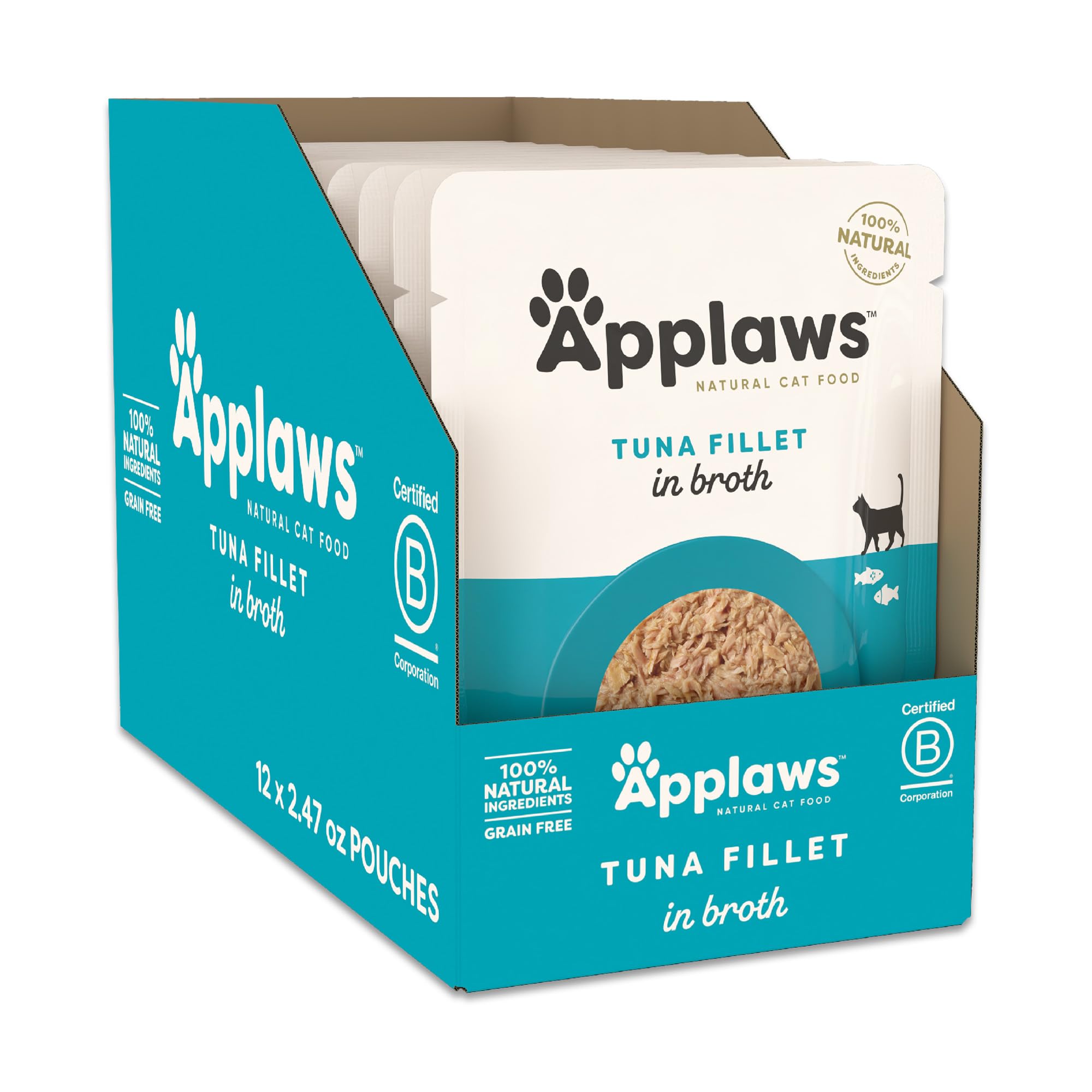 Applaws tuna fillet in broth pouch shows premium protein for cats.