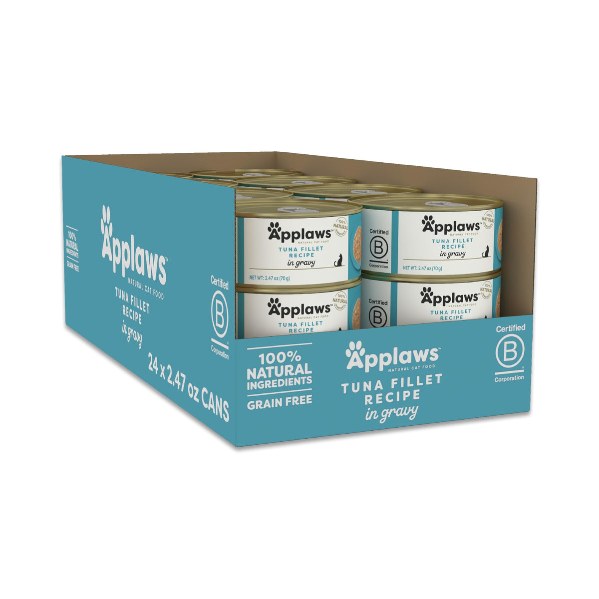 Applaws Tuna Fillet in Gravy cans show premium protein for adventurous cats.