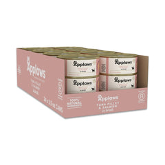 Applaws tuna fillet and salmon in broth in a can, natural ingredients.