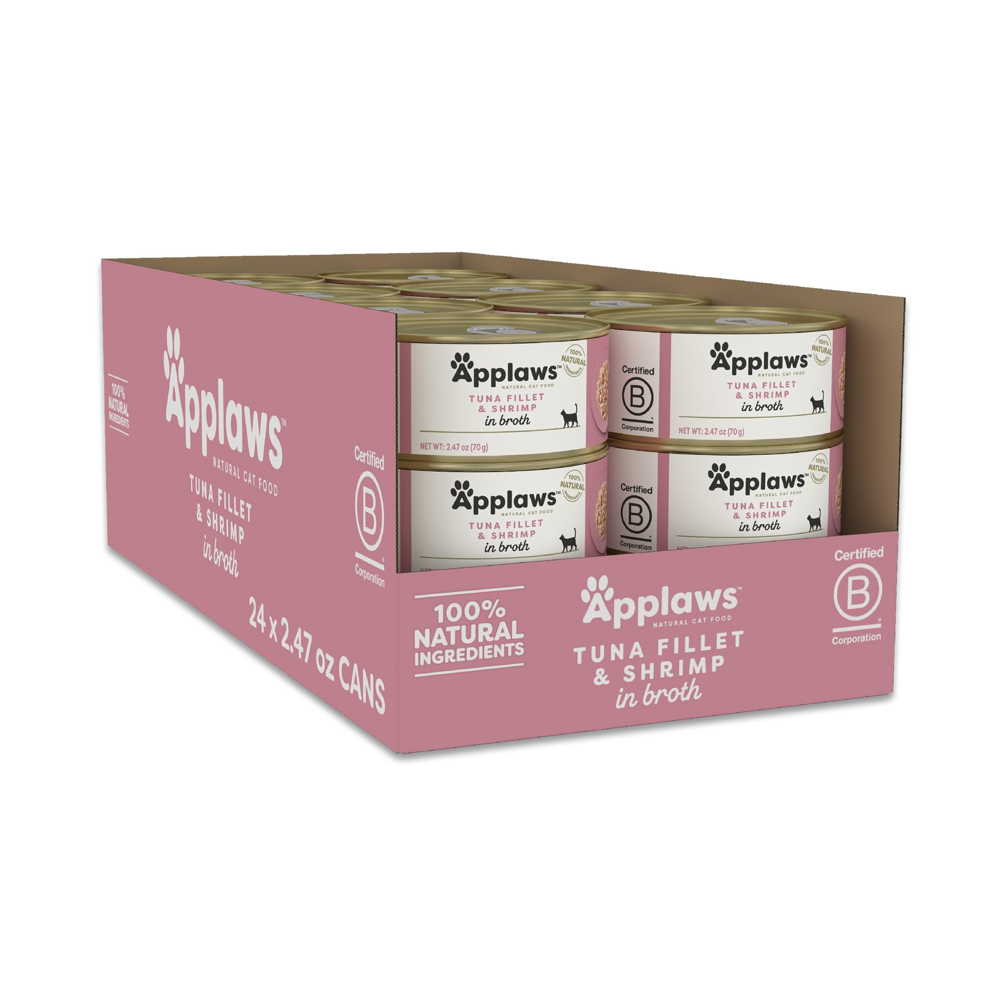 Applaws tuna fillet with prawn in broth can, protein-packed for adult cats.