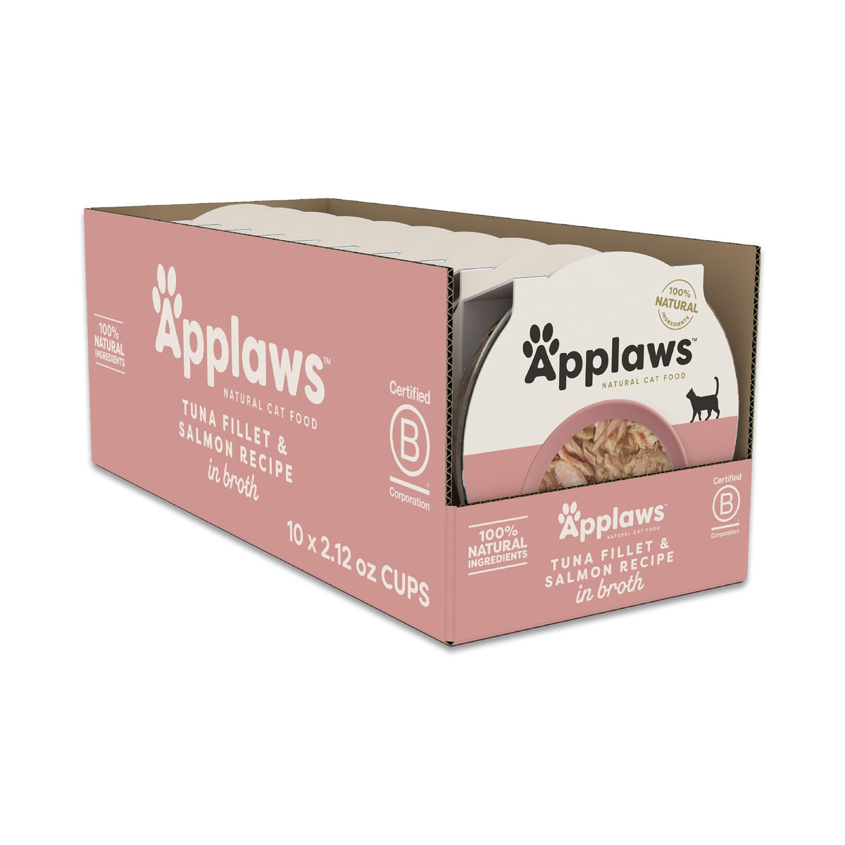 Applaws tuna-salmon in broth cups: protein-rich cat meals with no artificial additives.